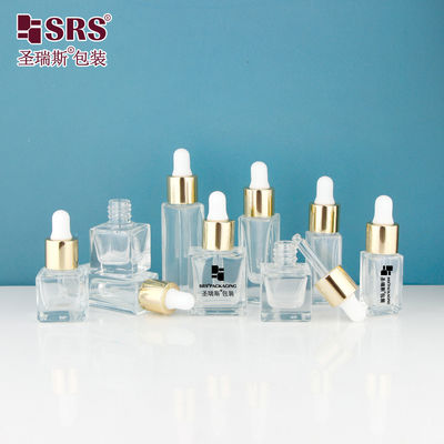 D1229-5ml Empty Square Clear Glass Bottle With Shiny Gold Metal Aluminum Dropper Cap Screw Type White Silicone Bulb For Scented Fragrance