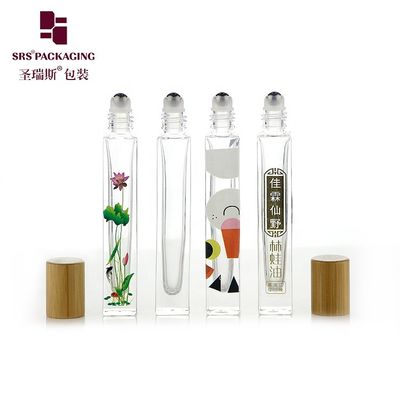 10ml High End Empty Square Glass Roll On Bottle with Bamboo Wooden Cap and 3D Printing Logo Service for Perfume Oil Serum