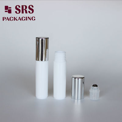 SRS empty cosmetic 5ml white plastic roller ball bottle with silver cap