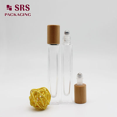 SRS cosmetic clear 10ml perfume square glass roller bottle with bamboo cap